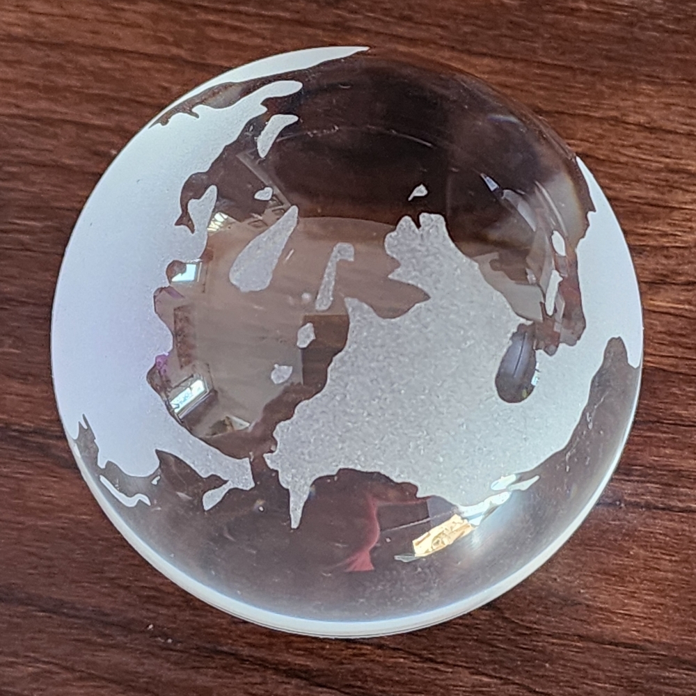 Art Glass Paperweight Etched Crystal World Globe